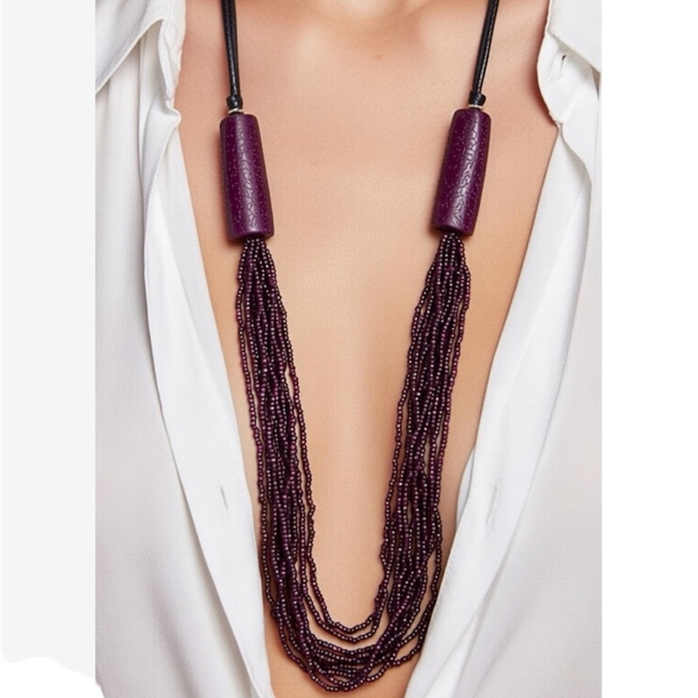 Beaded Plum Faux Stone Leather Chain Necklace